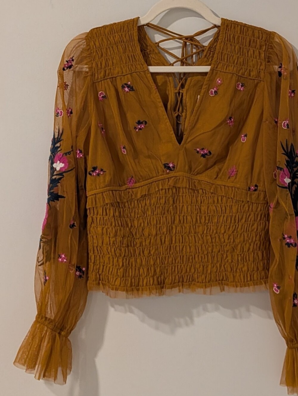 Anthropologie Smocked Tulle Embroidered Peasant Blouse in Gold / Mustard